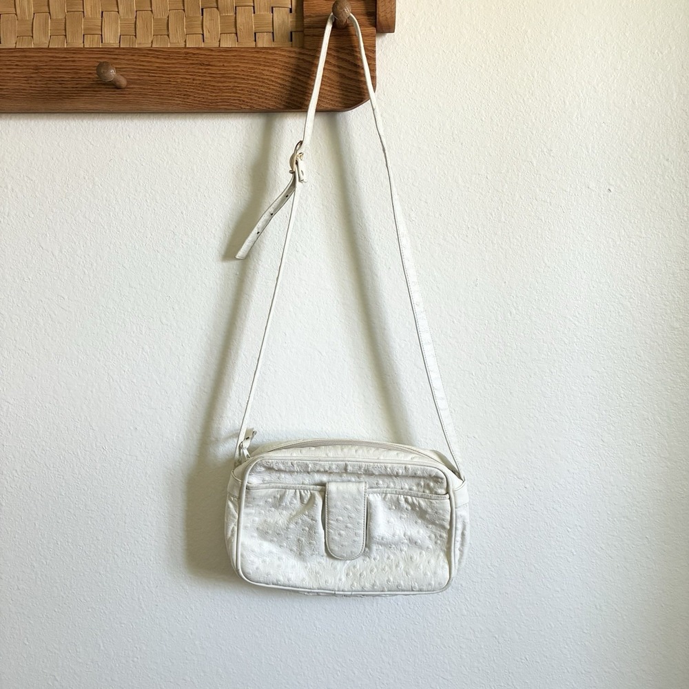 VTG Susan Gail Ostrich Embossed Leather White Rectangular Shoulder Bag Purse
